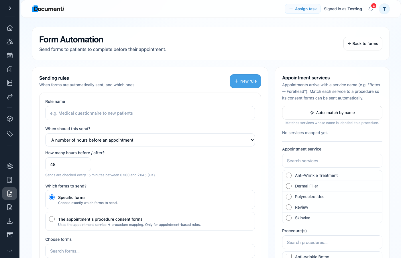 Documenti Forms automation with New rule open showing when to send and which forms