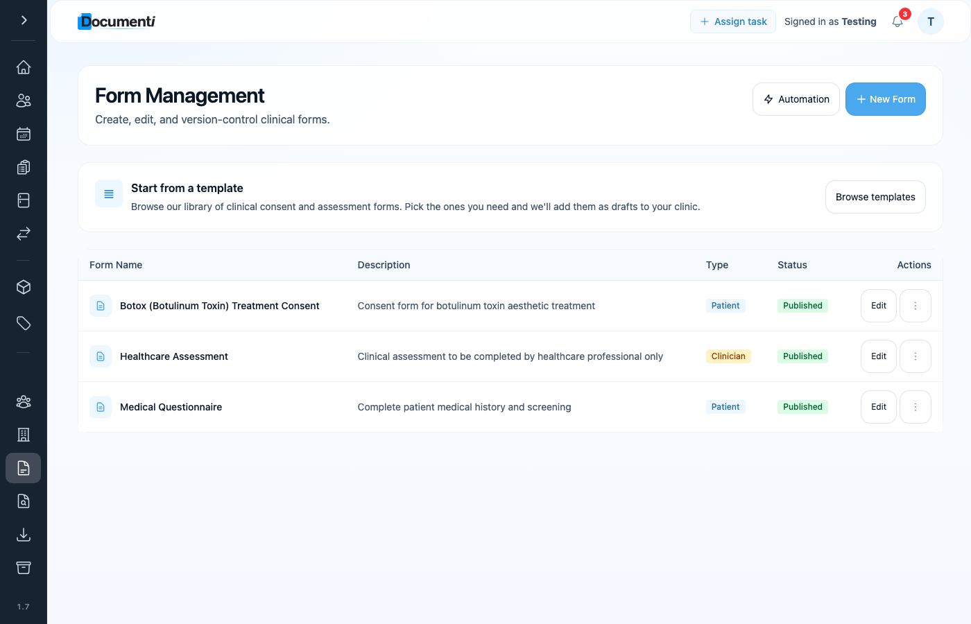 Documenti Forms page with browse templates and create blank form options