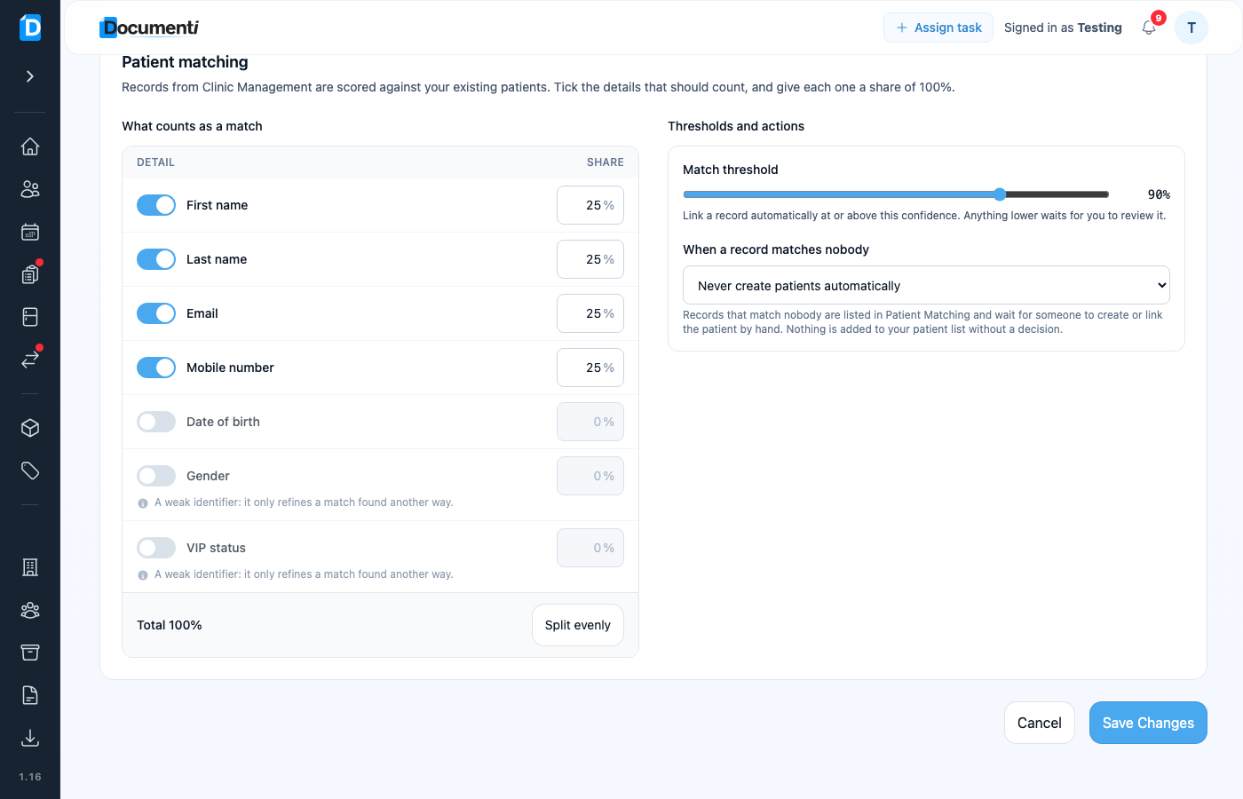 Organisation Settings Patient matching with What counts as a match and Match threshold