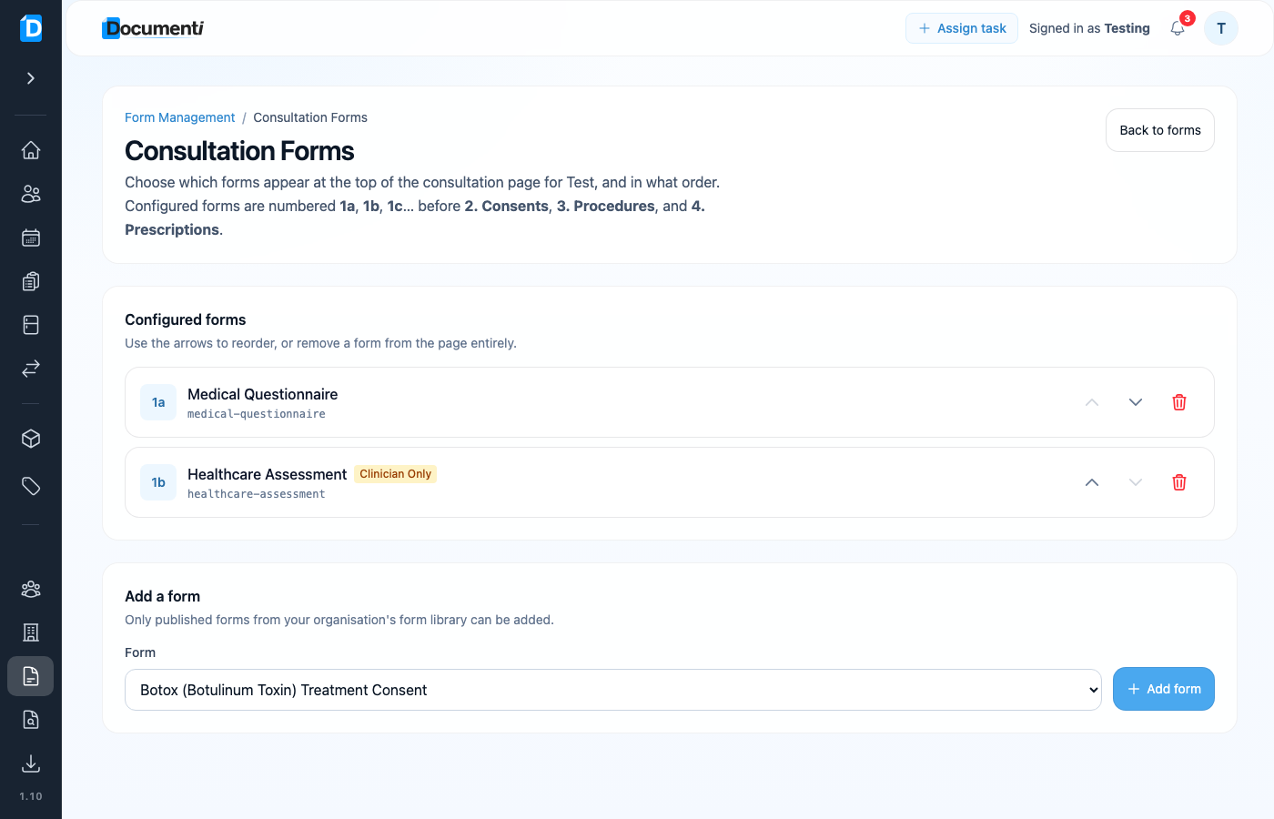 Consultation Forms page with configured forms and Add a form