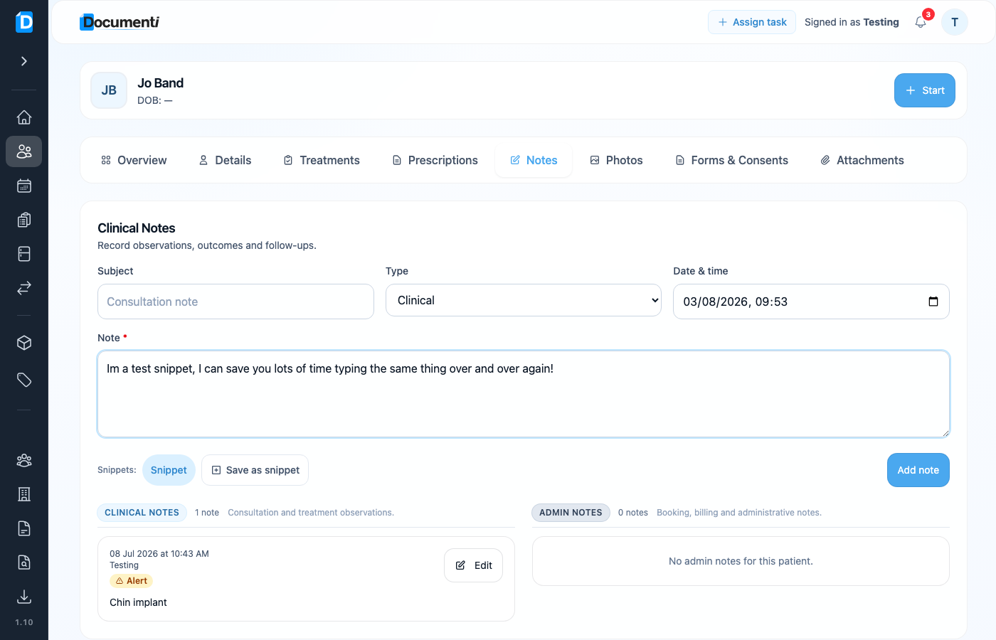 Patient notes editor with Snippet and Save as snippet controls