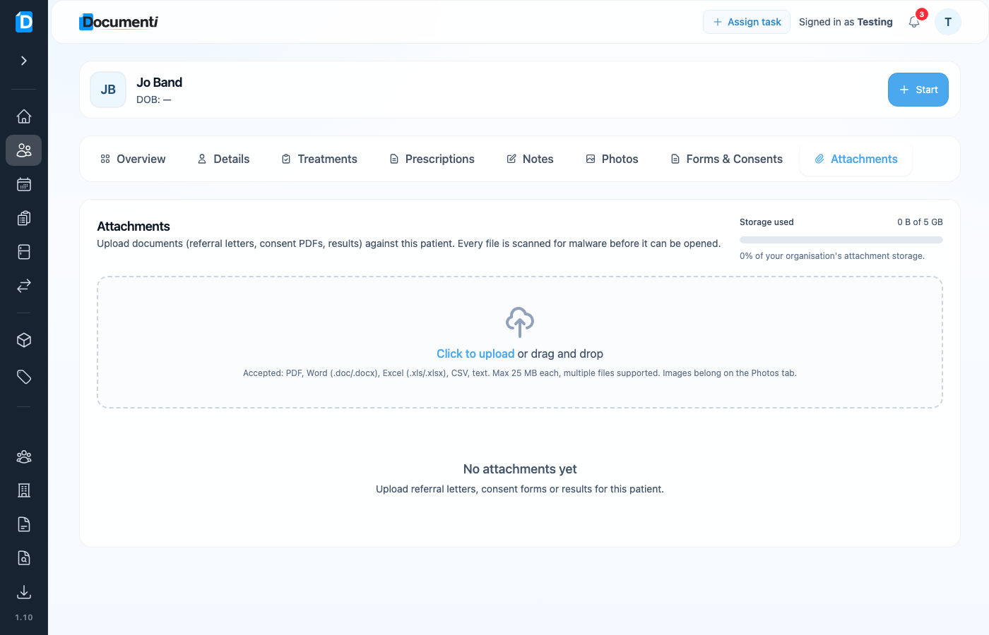 Patient Attachments tab with upload drop zone
