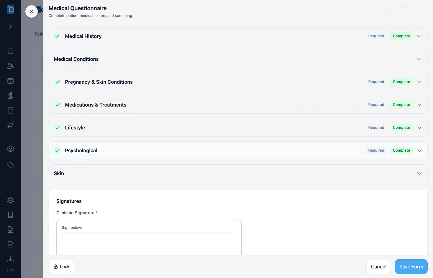 Medical Questionnaire form with Lock button on the footer