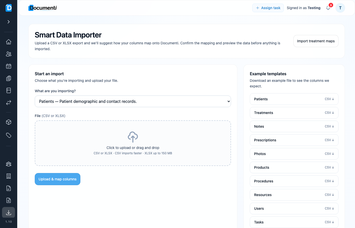 Smart Data Importer start screen with data type list