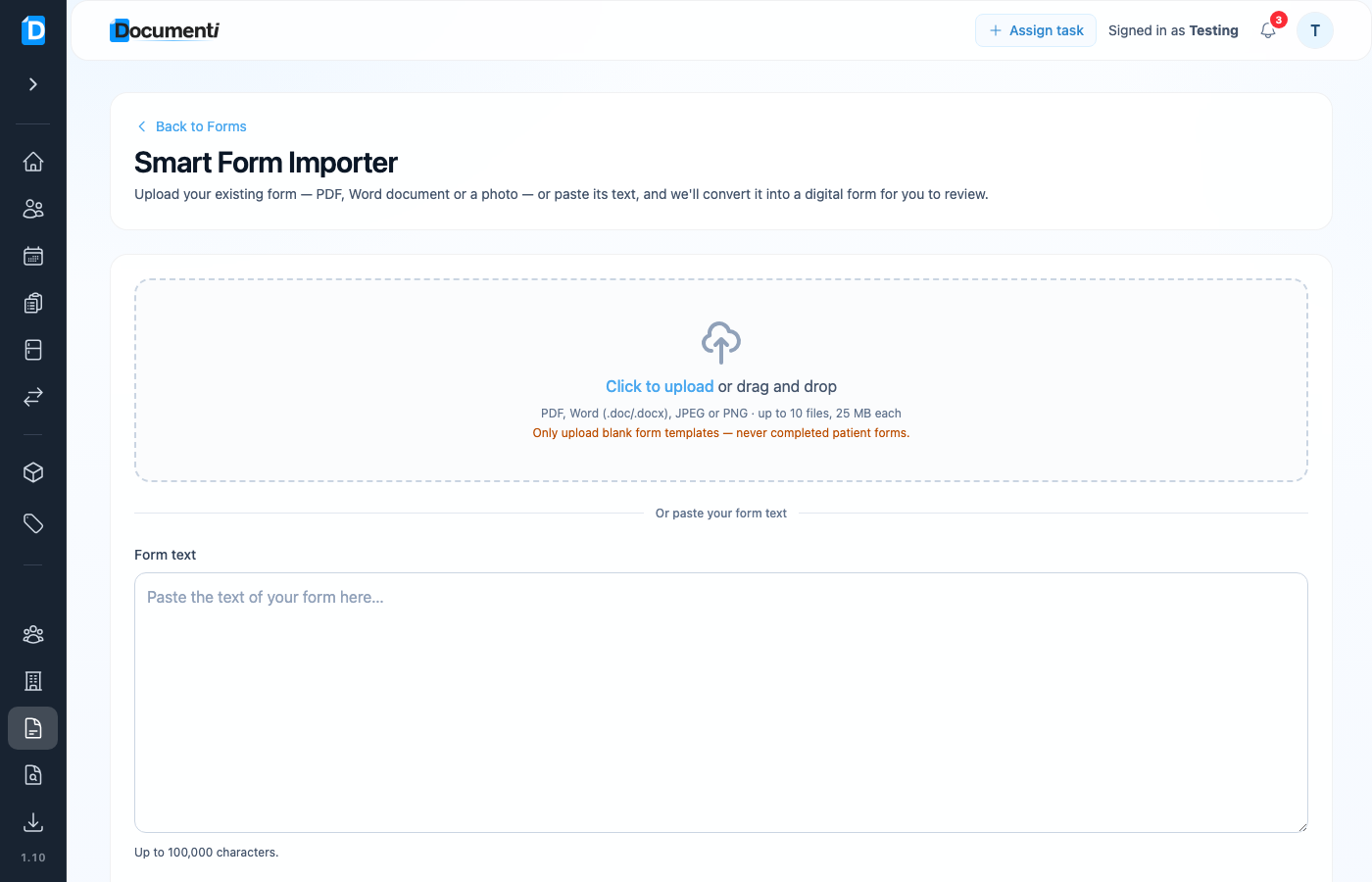 Smart Form Importer upload and paste text screen