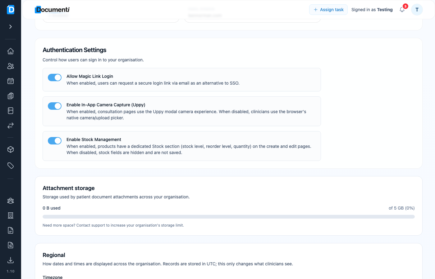 Organisation Settings Enable Stock Management toggle