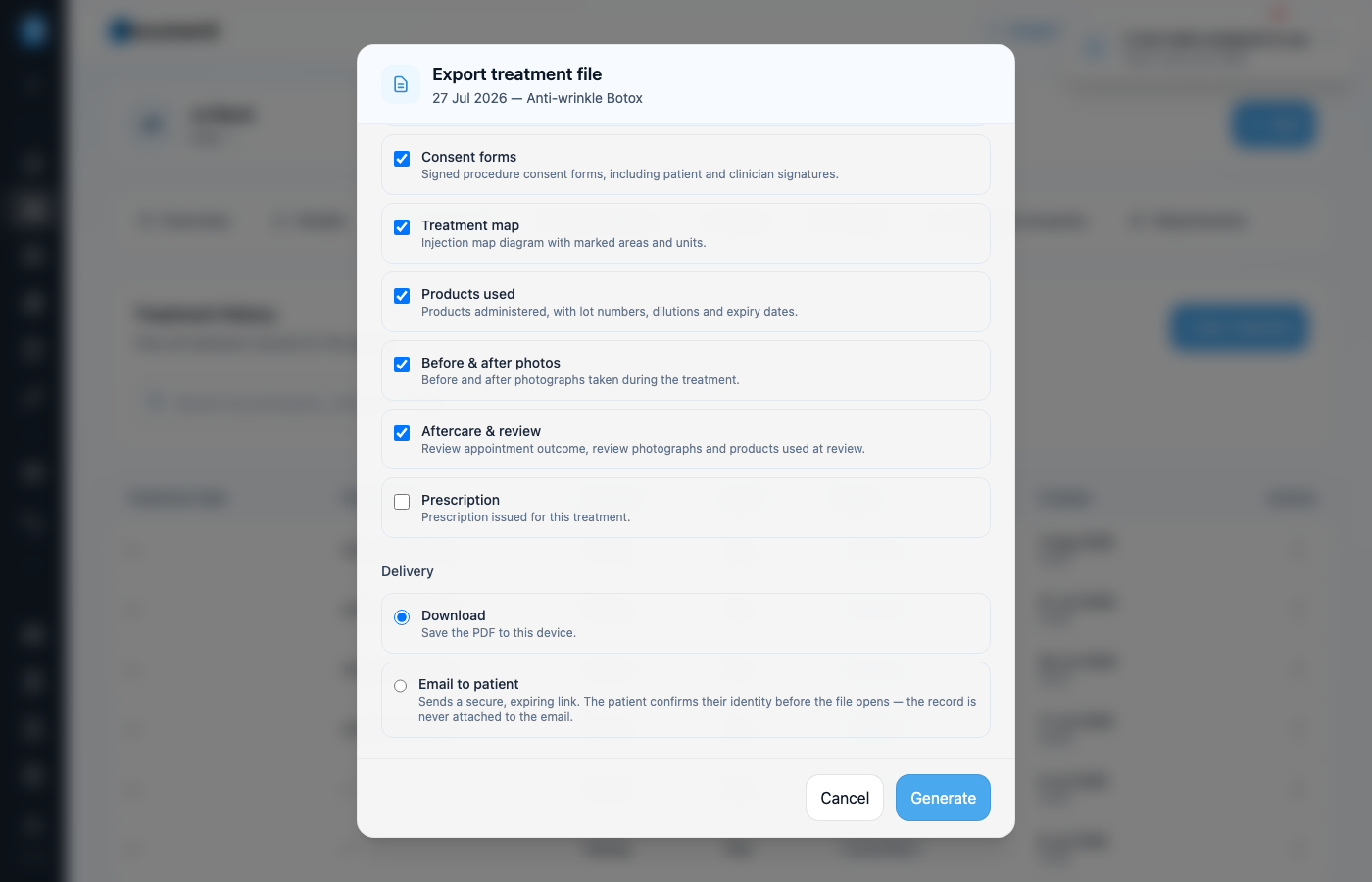 Export treatment file dialog showing Delivery Download and Email to patient options