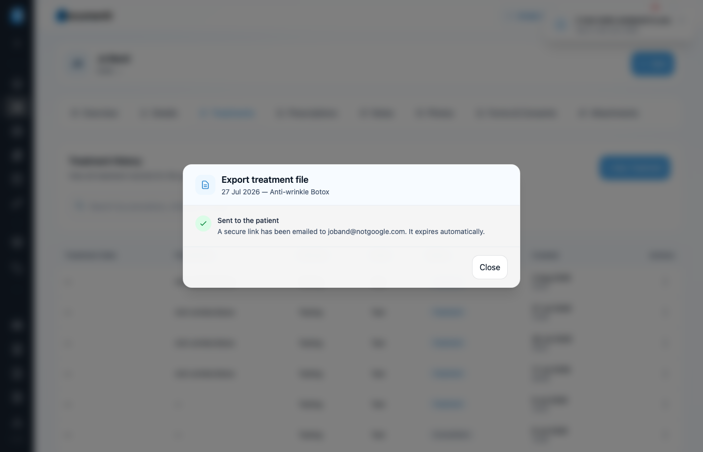 Export dialog confirming secure link emailed to the patient