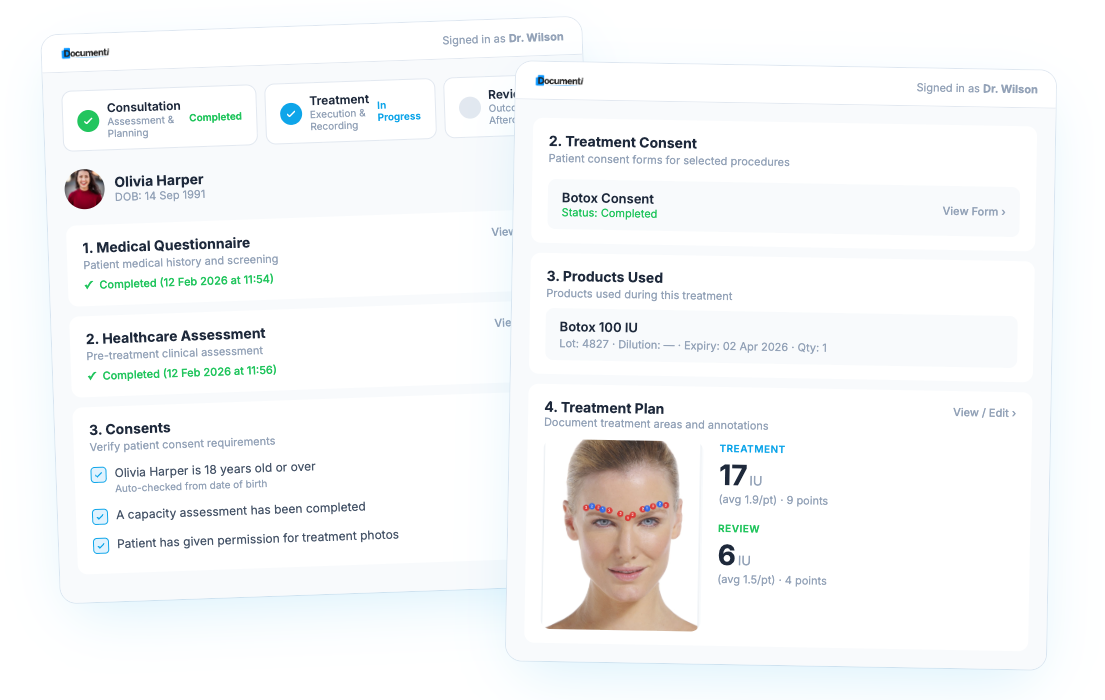 Consultation workflow with assessment, treatment planning, and consent steps