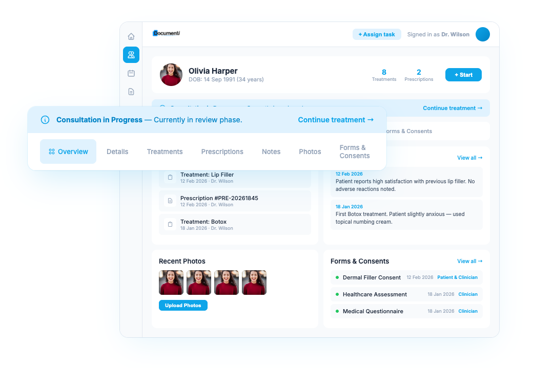 Patient record overview with callout showing consultation progress and navigation tabs